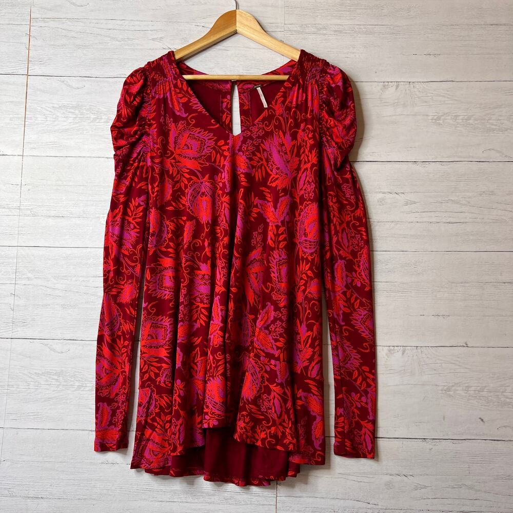 Free People Dress Womens Size XS Colorful Hello Lover Tunic Top Puff Long Sleeve